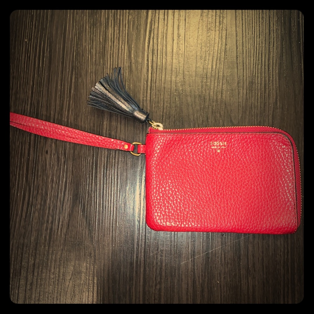 Fossil Wallet Red Leather, gray interior. Tassel